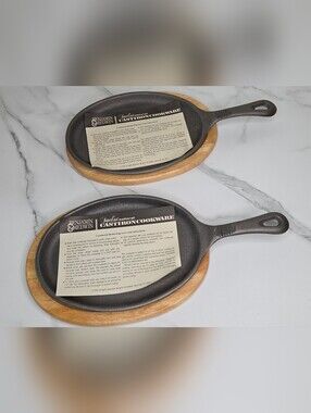 Vintage Black Cast Iron Sizzling Skillet with Wooden Base - Set of 2